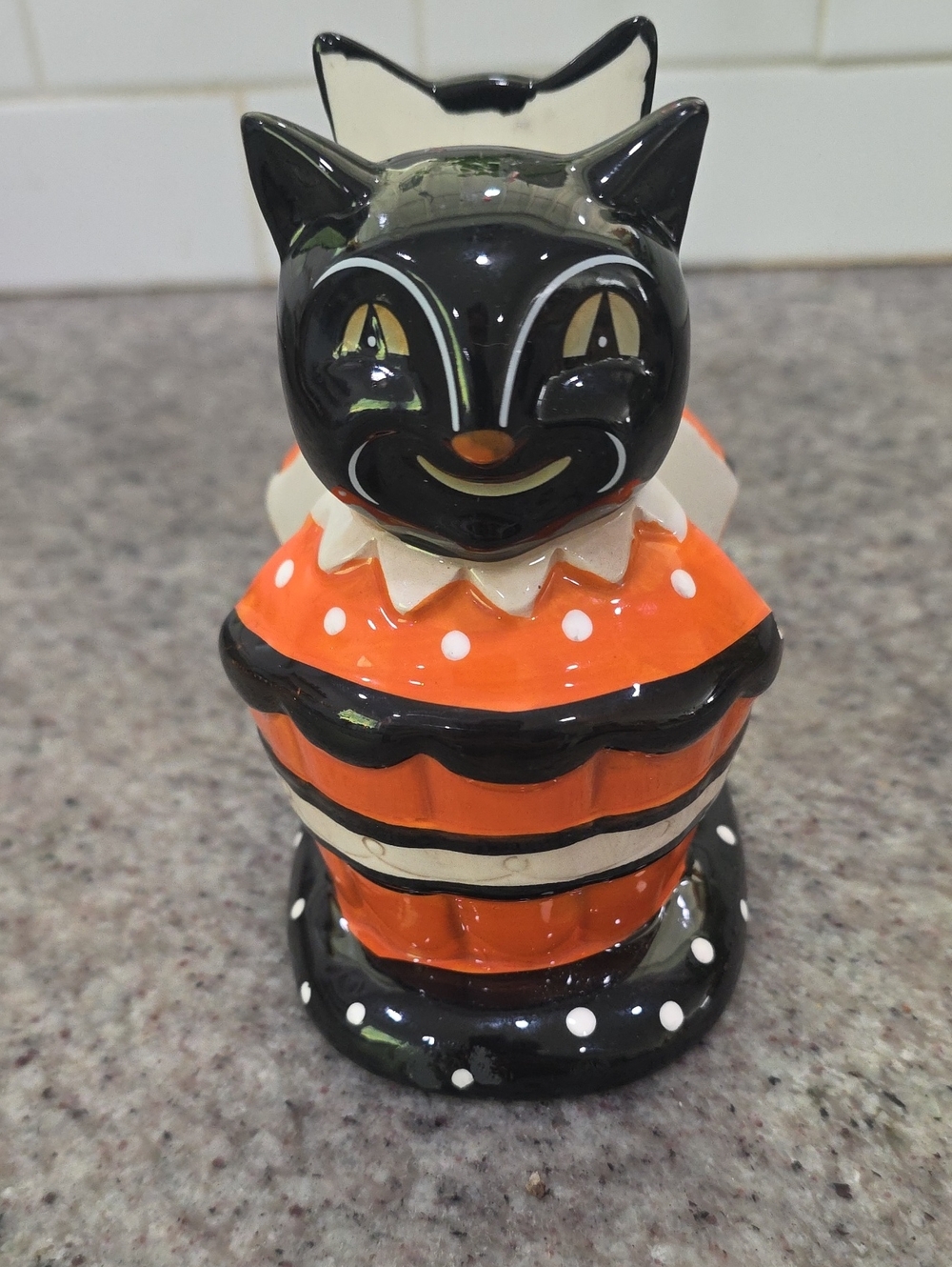 Vintage-Style Black & Orange Polka Dot Cat Figurine. Napkin Holder.
